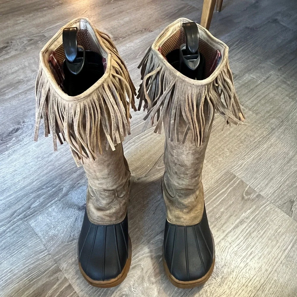 RARE Twisted X Women Tan Leather Fringe Western Duck Boots WGB0001 Brown 9M
